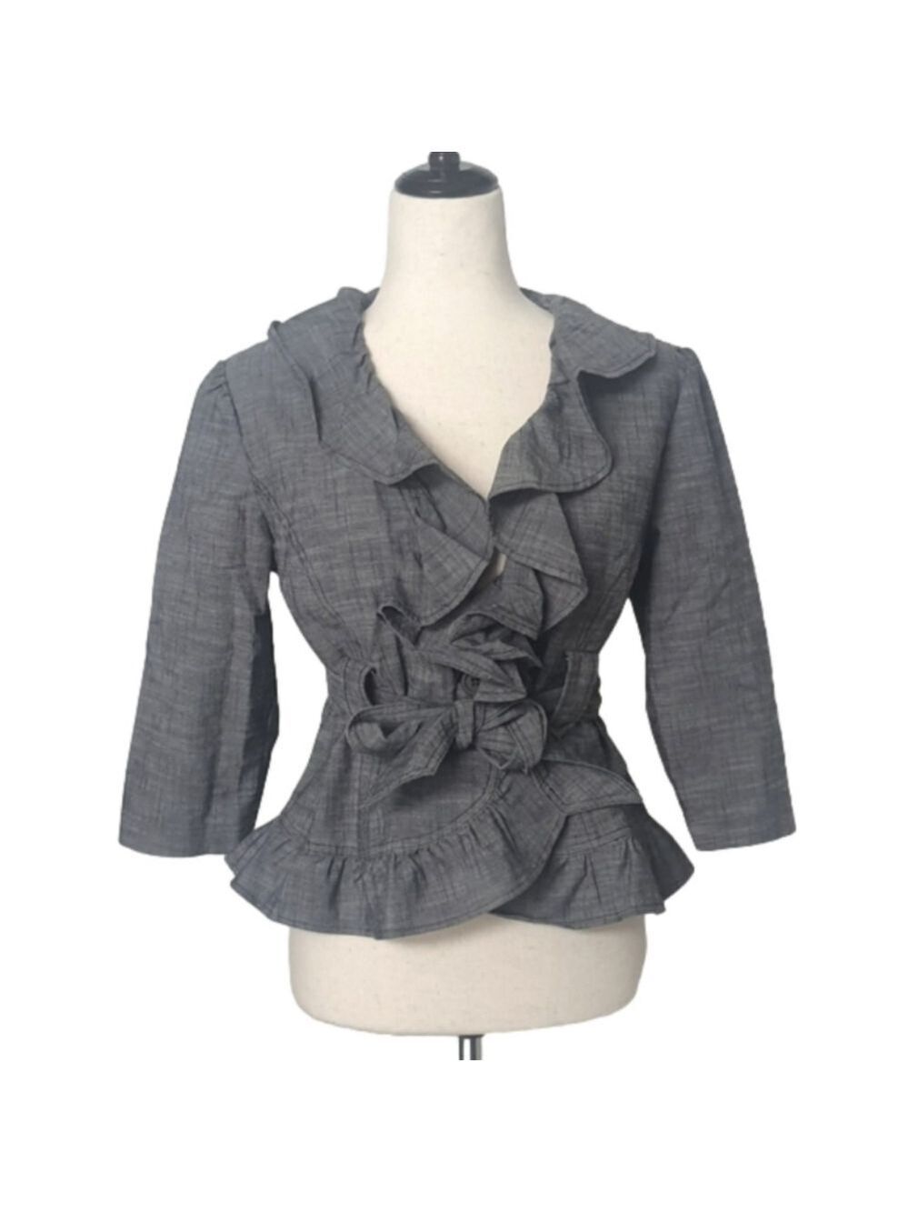 Summer Ruffle Blazer Lightweight 3/4 Sleeve Cotton Blend Wrinkle Resistant Grey